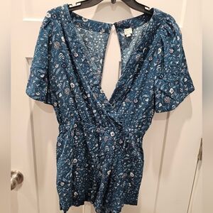 LOFT Beach Small Blue Floral 100% Cotton Surplice Romper with Keyhole Back